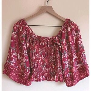 Angie Smocked Crop Boho Blouse Floral Paisley Peasant Top Sz L Wide Sleeve‎
